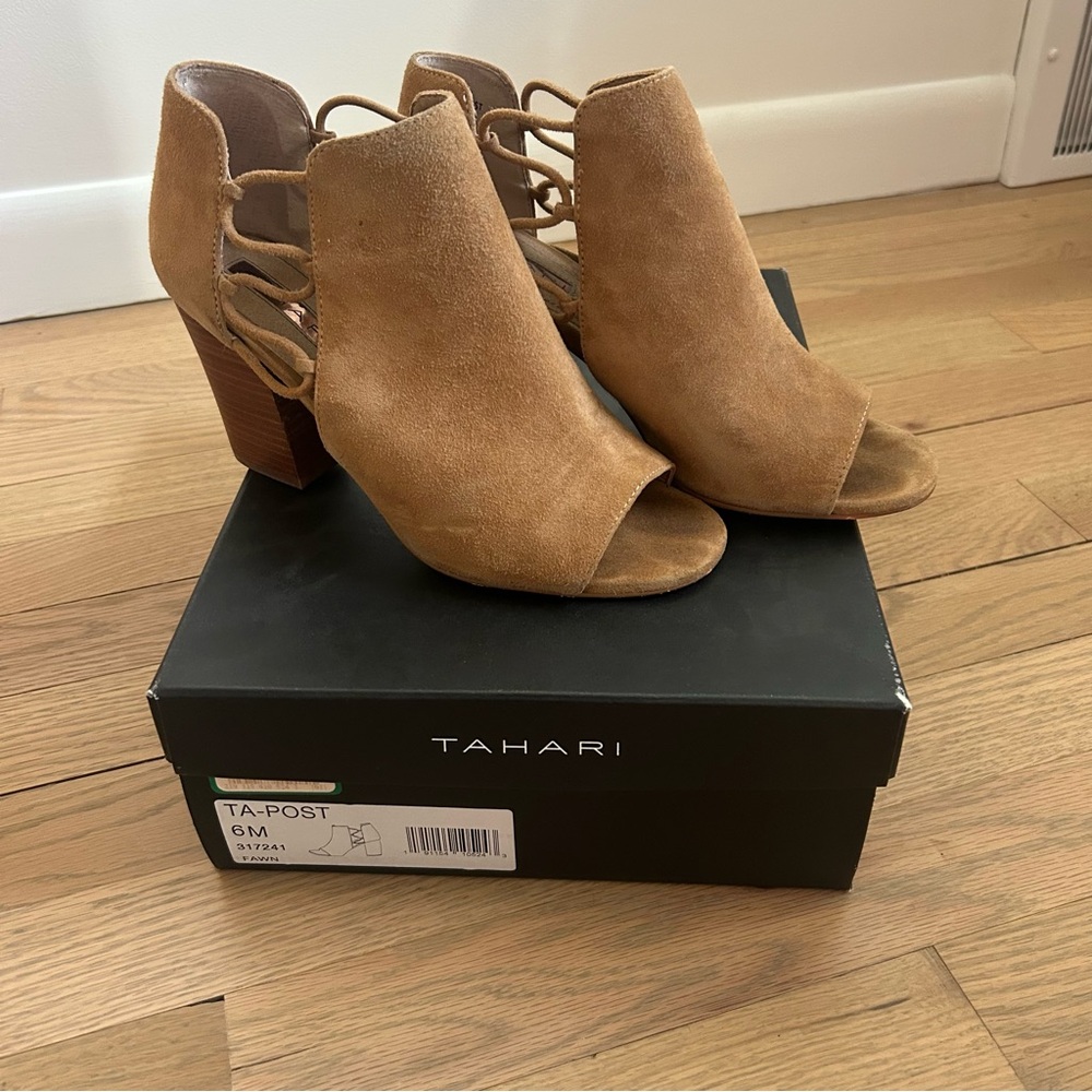 Tahari Tan Heeled Suede Ta-Post Booties Fawn